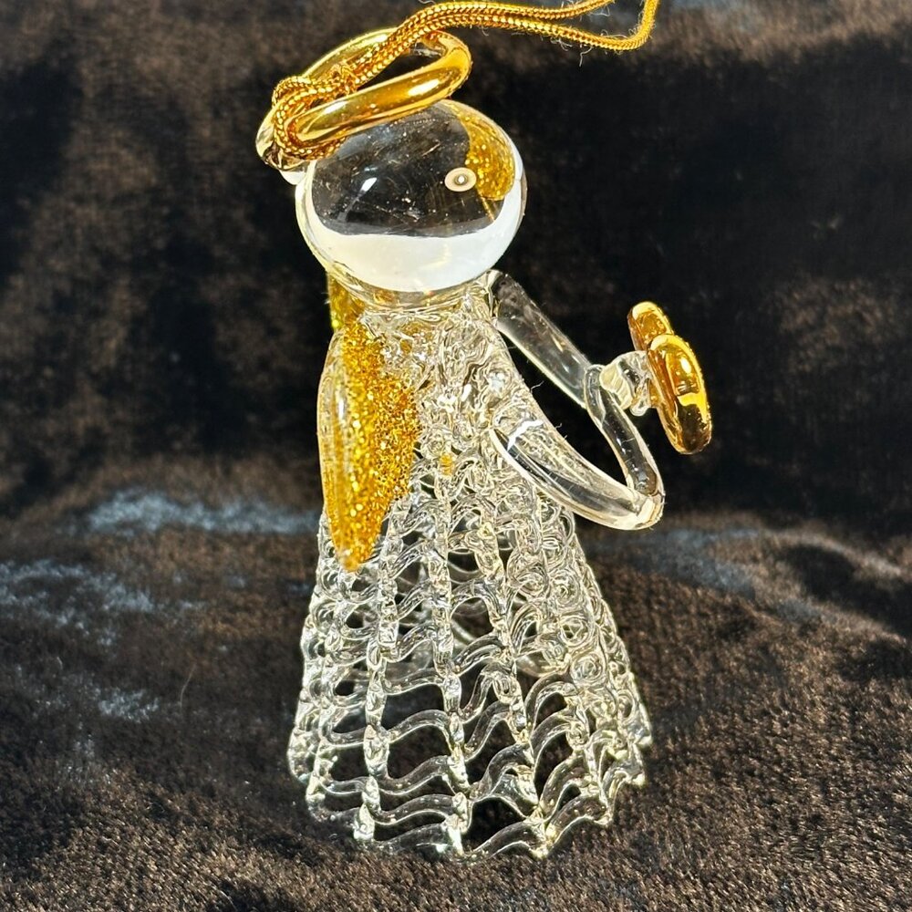 2002 Avon Spun Glass Angel Ornament With Gold Heart, Wings & Halo - Picture 2 of 4